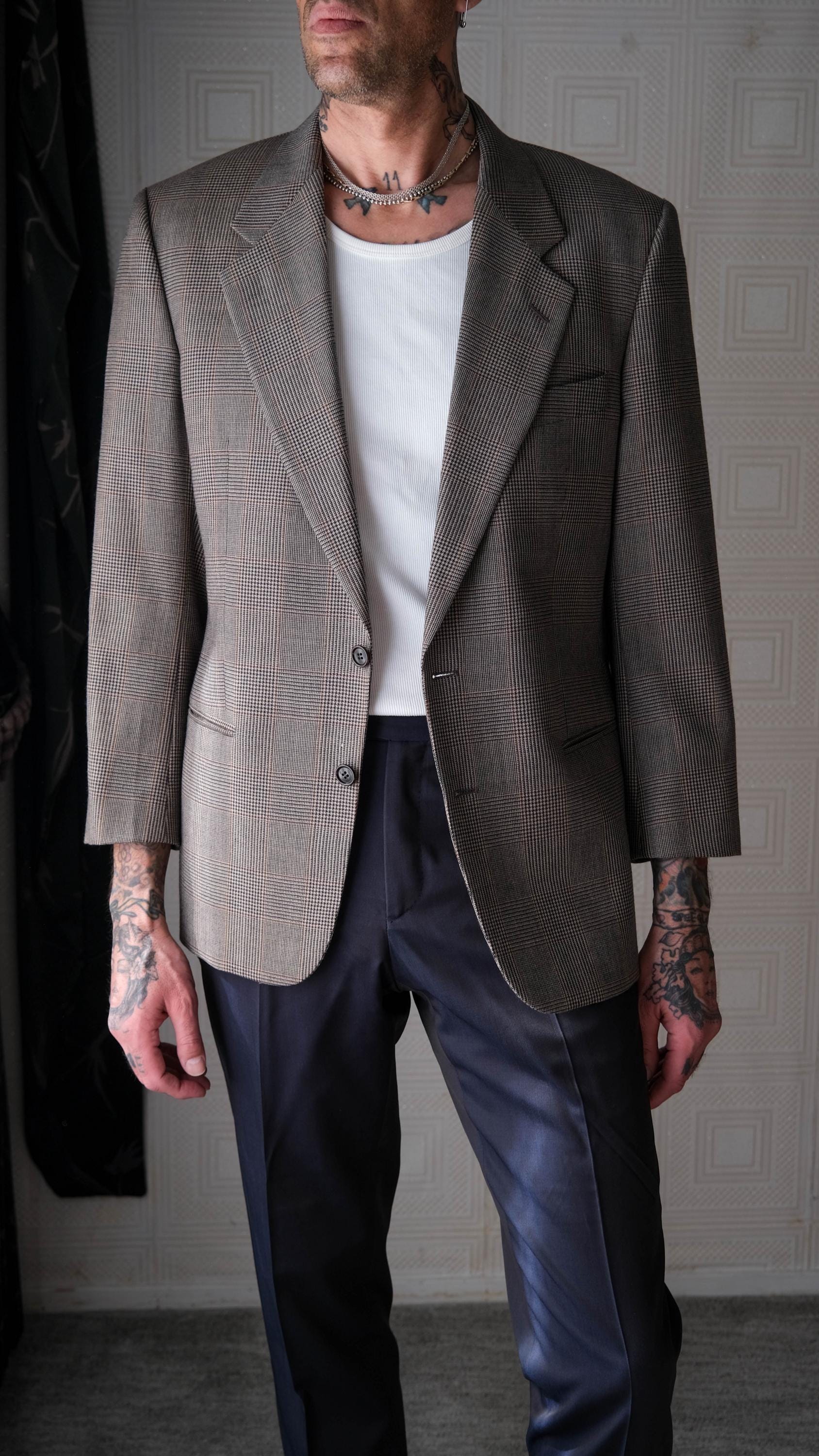 Vintage 80s VALENTINO UOMO Salt & Pepper Caramel Plaid Blazer