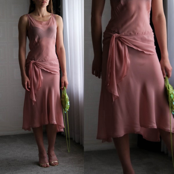 Vintage MAX EDITION Rose Pink Silk Wrap Tie Drop Waist Doily Tier Trimmed Bias Cut Dress | 100% Silk | Y2K Does 1920s Designer Flapper Dress
