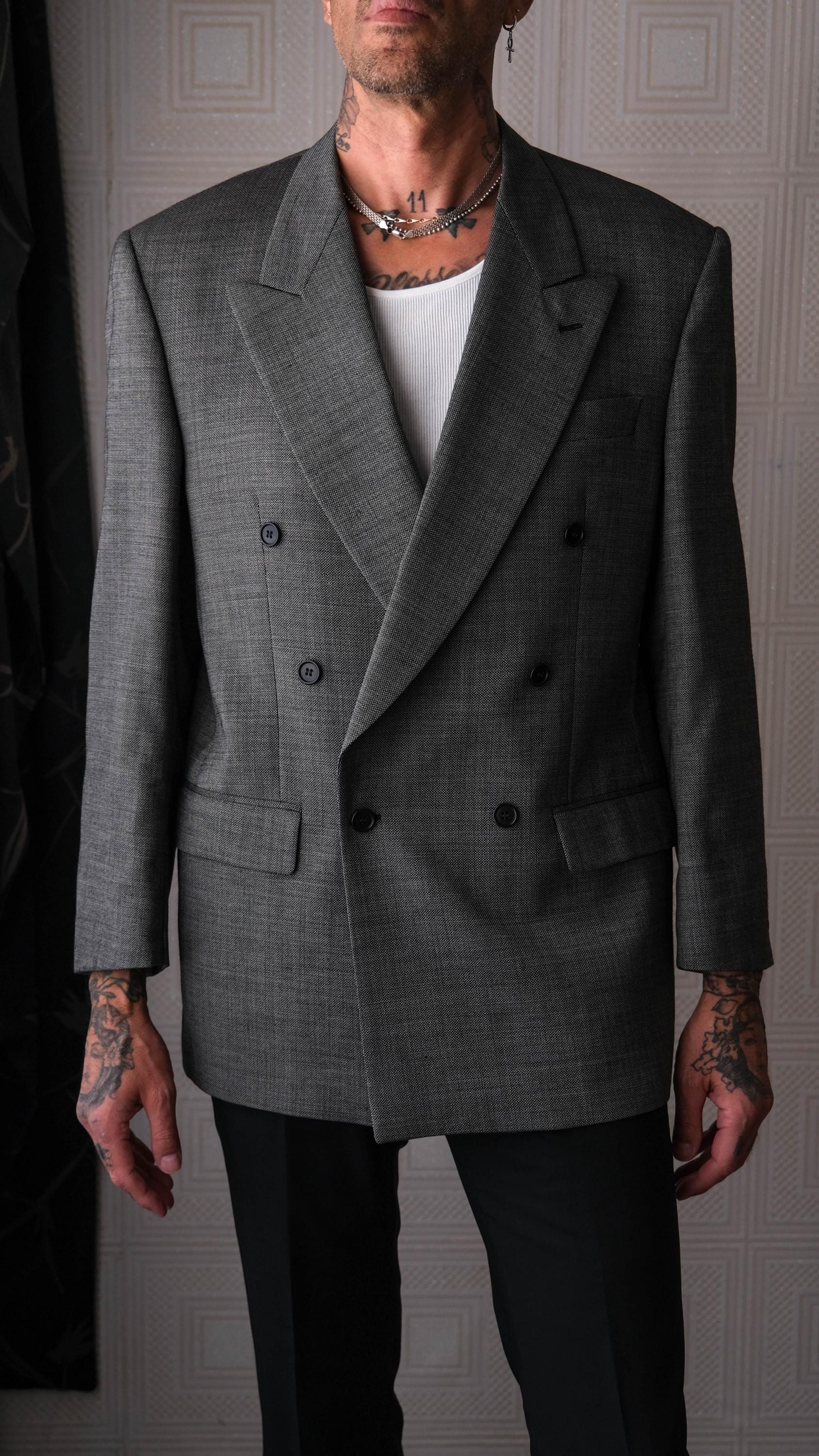 Vintage 90s ISSIMO Salt & Pepper Nailhead Double Breasted Blazer 