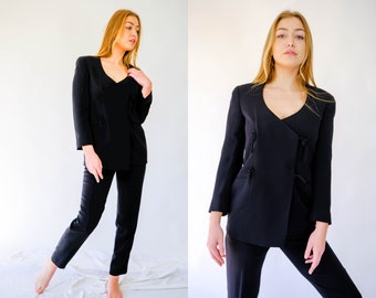 Vintage 90s Giorgio Armani Black Silk Double Breasted Kimono Style Blazer Pant Suit | 100% Silk | Made in Italy | 1990s Armani Designer Suit