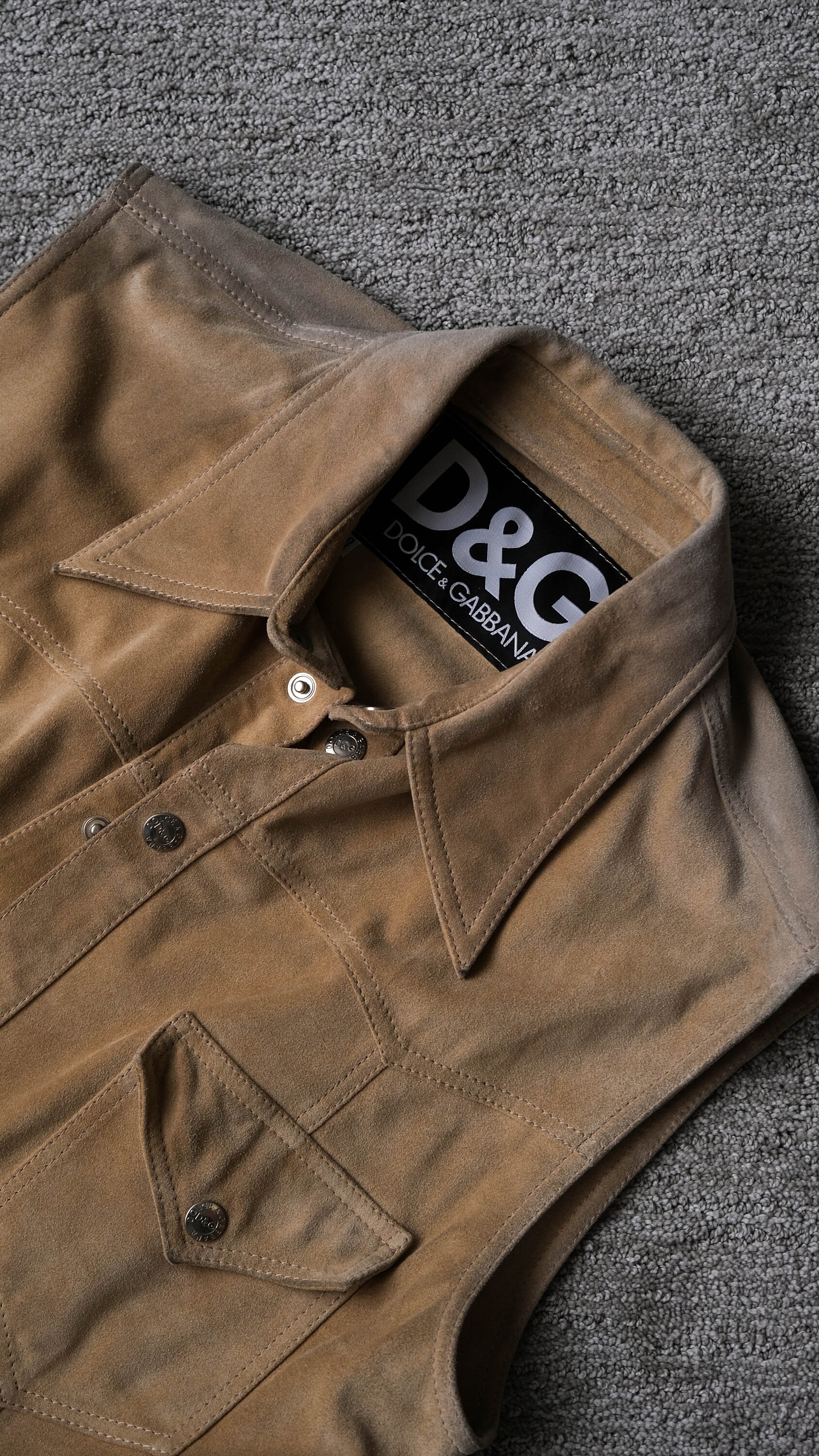 Vintage 90s Dolce and Gabbana Tan Western Suede Sleeveless Snap 