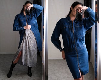 Vintage 80s Marvin Singer Depeche Mode for Neiman Marcus Denim Power Dress Duster | 100% Cotton Denim | 1980s Designer Indigo Jacket Dress