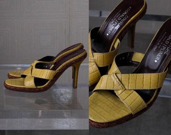Vintage Donald J Pliner Sage Green Summer Heel Crocodile Embossed Sandals | Made in Italy | Size 8 | Designer Genuine Leather Braided Jute