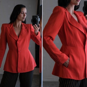 Vintage 80s Claude Montana Blood Orange Power Shoulder Single Button Peplum Tail Blazer Made in Italy 1980s French Designer Power Jacket image 1