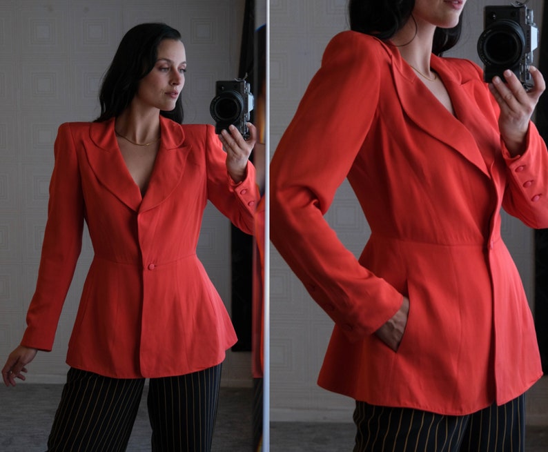 Vintage 80s Claude Montana Blood Orange Power Shoulder Single Button Peplum Tail Blazer Made in Italy 1980s French Designer Power Jacket image 1