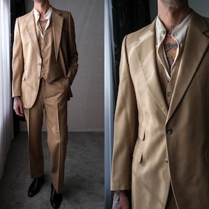 Vintage 70s Yves Saint Laurent Camel Tan Wool Gabardine Three Piece Flare Leg Suit Made in France 1970s YSL Designer Tailored Mens Suit image 1