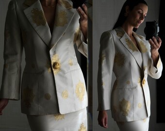 Vintage 90s Christian Dior Boutique Ivory & Metallic Gold Brocade Crown Power Skirt Suit | Made in France | NUMBERED | 1990s DIOR Skirt Suit