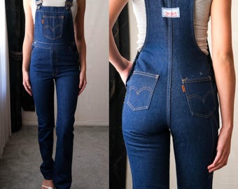 Vintage 70s LEVIS Orange Tap Deep Indigo Wash Slim Fit Bib Overalls | DEADSTOCK | 1970s  LEVIS Designer Womens Overalls Deep Indigo