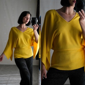 Vintage Diane Von Furstenberg Silk Assets Canary Yellow Textured Silk Split Dolman Sleeve Blouse 100% Silk Y2K DVF Designer Kimono Top image 1