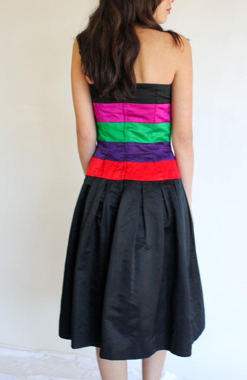 Evening Cocktail Gown Vintage 80s Albert Nipon Strapless Bow Striped Party Dress 1980s Designer Prom Silk and Rayon Blend Date Night
