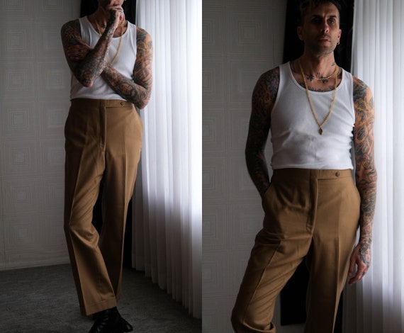 Vintage 70s Christian Dior Camel Tan Flare Leg Cuffed Slacks W/ CD Logo Button 100% Wool Tailored by HSM 1970s DIOR Designer Pants - Etsy Vintage 70s Christian Dior Camel Tan Flare Leg Cuffed Slacks W/ CD Logo Button 100% Wool Tailored by HSM 1970s DIOR Designer Pants - Etsy