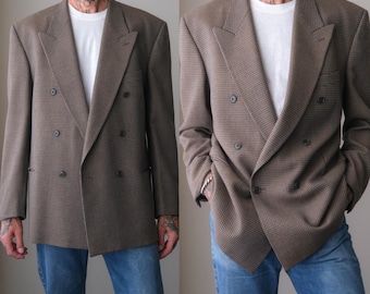 Vintage jaren 90 GIORGIO ARMANI bruin en blauwgroen microgeruite wollen double-breasted blazer | Gemaakt in Italië | MANI designer boxy herenjack uit de jaren 90