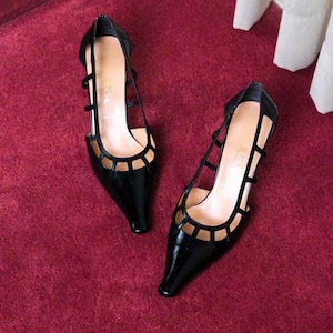 PRADA Black Leather Windowpane Square Pointed Toe Heels | Made in Italy | Size 37 US 7 | 100% Genuine Leather | 2000s Y2K Designer Shoes