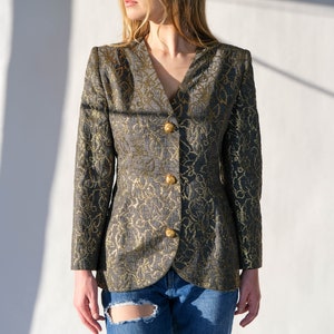 Vintage 80s Givenchy Gray & Metallic Gold Floral Brocade Broad Shoulder Blazer w/ Gold Wire Buttons | Made in France | 1980s Designer Jacket