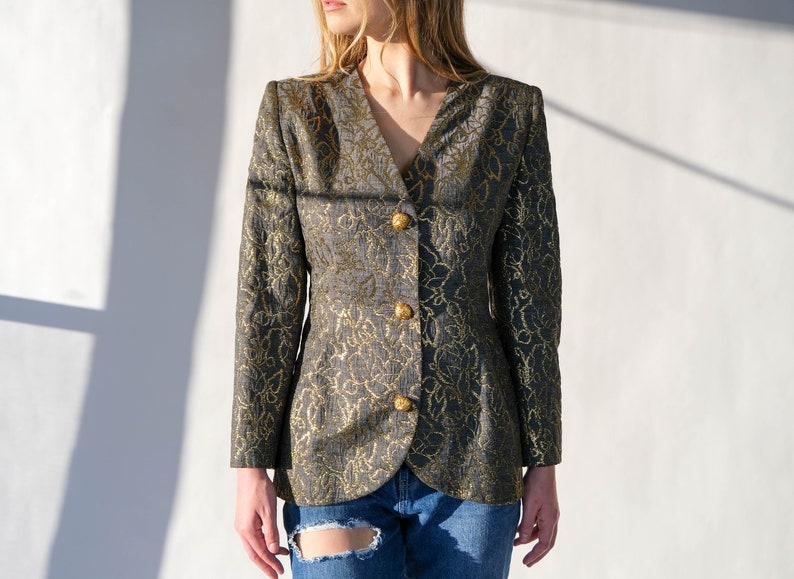 Vintage 80s Givenchy Gray & Metallic Gold Floral Brocade Broad Shoulder Blazer w/ Gold Wire Buttons Made in France 1980s Designer Jacket image 1