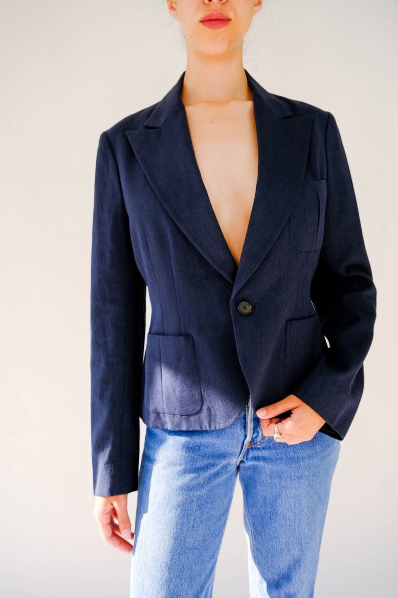 Vintage Ralph Lauren Blue Label Navy Silk 1940s Style Cropped Blazer Unworn w/ Tags Made in Japan 100% Silk Y2K RRL Designer Jacket image 3