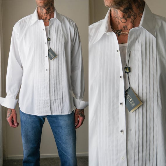 Vintage RALPH LAUREN Crisp White Tuxedo Cotton French Cuff Shirt Unworn w/ Tags | 100% Cotton | Y2K 2000s LAUREN Designer Mens Tux Shirt