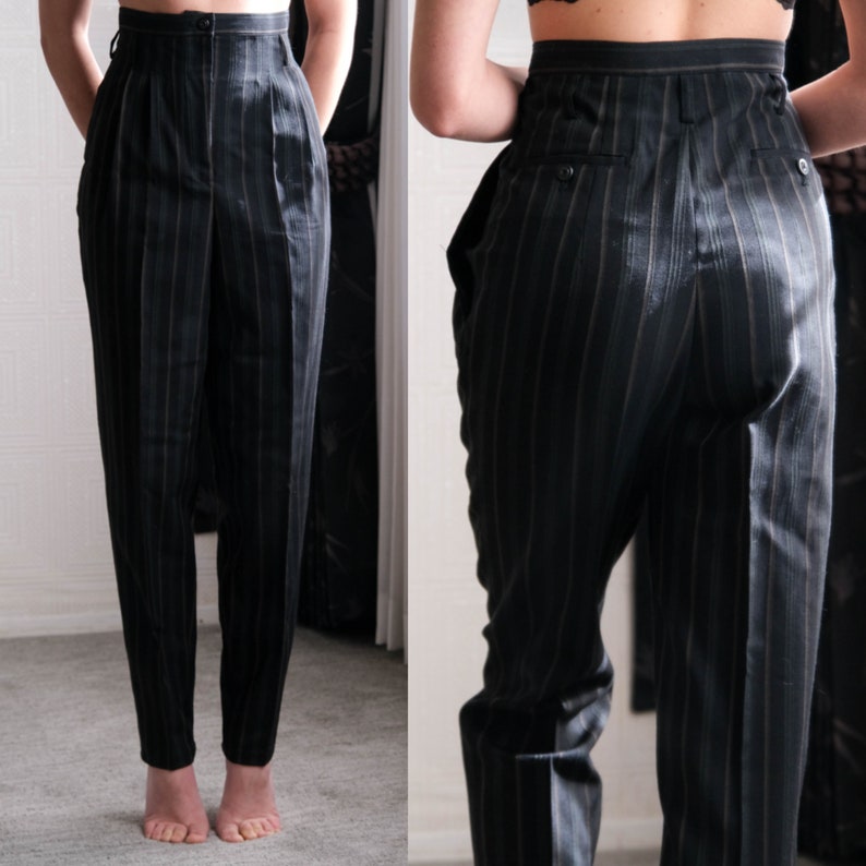 Vintage 80s MATSUDA Black & Dark Green Textured Stripe Gabardine High Waisted Tapered Pants Made in Japan 1980s Japanese Designer Pants image 1