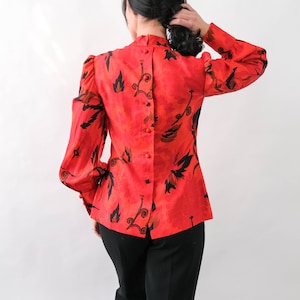 Vintage 70s Irene Thai Silk Ruby Red Floral Print Blouse w/ Pleated Poof Sleeves Made in Thailand 100% Silk 1970s Designer Asian Top image 6