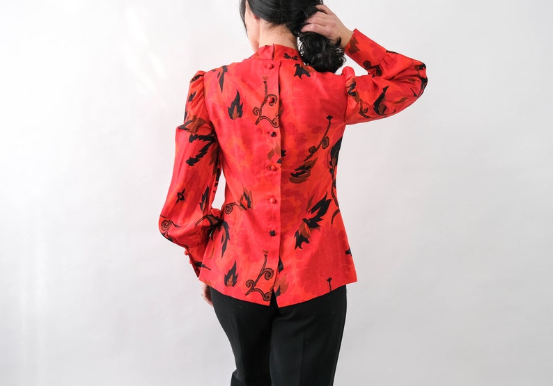 Vintage 70s Irene Thai Silk Ruby Red Floral Print Blouse w/ Pleated Poof Sleeves Made in Thailand 100% Silk 1970s Designer Asian Top image 6