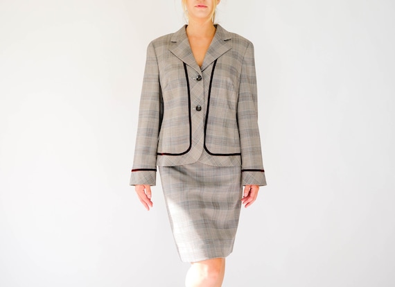 LOUIS FERAUD Gray Plaid & Merlot Velvet Schoolboy Skirt Suit 