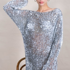 Vintage 90s Silver Sequined Mohair Cashmere Blend Mesh Knit Mini Sweater Dress 1990s Y2K Designer Glamorous Sequined Tunic Sweater Dress image 6