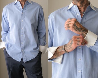 Vintage 80s BURBERRYS of London Oxford Blue & White French Cuff Shirt | Made in USA |  Size 16.5 | 100% Cotton | 1980s Designer Mens Shirt