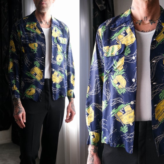 Vintage 40s Hawaiian Navy Blue Rayon Atomic Palm & Hut Print Aloha 
