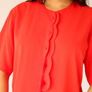 Vintage 70s 80s Pierre Cardin Tomato Red Scalloped Button Blouse Secretary, Collarless, Bohemian 1970s 1980s Designer Button Up Top image 5