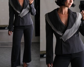 GIORGIO ARMANI Charcoal Sueded Silk Power Suit W/ Layered Silk