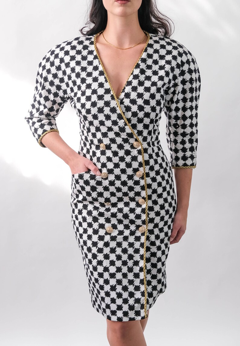 Vintage 80s LILLIE RUBIN Black & White Houndstooth Double Breasted Power Dress w/ Rhinestone Studs Made in USA 1980s Designer Chic Dress image 6