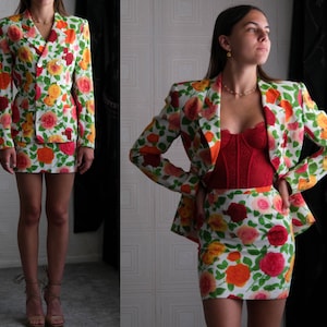 Vintage 90s Emanuel Ungaro Paris Collection Textured Floral Double Breasted Skirt Suit | Made in Italy | 100% Rayon | 1990s Designer Suit