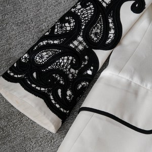 Vintage 90s JACQUES FATH PARIS White Longline Blazer w/ Black Trim & Paisley Applique Bell Sleeves Made in France 1990s Designer Jacket image 10