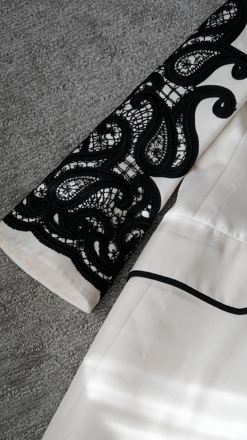 Vintage 90s JACQUES FATH PARIS White Longline Blazer w/ Black Trim & Paisley Applique Bell Sleeves Made in France 1990s Designer Jacket image 10