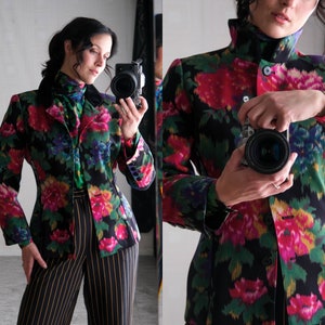 Vintage 80s ESCADA Floral Digi Print Jacket w/ Black Velvet Convertible Mandarin Pan Collar | Made in West Germany | 1980s Designer Jacket