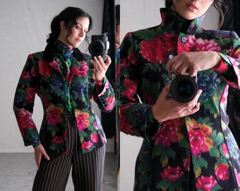 Vintage 80s ESCADA Floral Digi Print Jacket w/ Black Velvet Convertible Mandarin Pan Collar | Made in West Germany | 1980s Designer Jacket