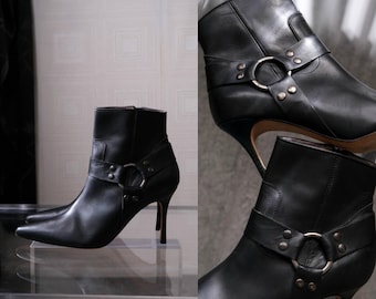 Vintage MANOLO BLAHNIK Side Zip Black Leather Stiletto Harness Ankle Boots | Made in Italy | Size 40 | Vintage Designer Booties Boots