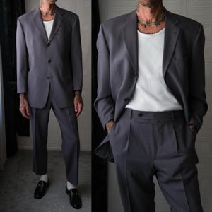 Vintage 90s HUGO BOSS for Neiman Marcus Einstein Sigma Gray Gabardine Three Button Suit | Made in USA | Size 42 | 1990s Designer Mens Suit