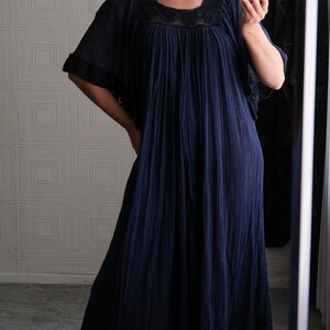 Vintage 70s Navy Blue Gauze Cotton Maxi Fairy Sleeve Peasant Dress w/ Macrame Trim 100% Gauze Cotton 1970s Bohemian Summer Day Dress image 2