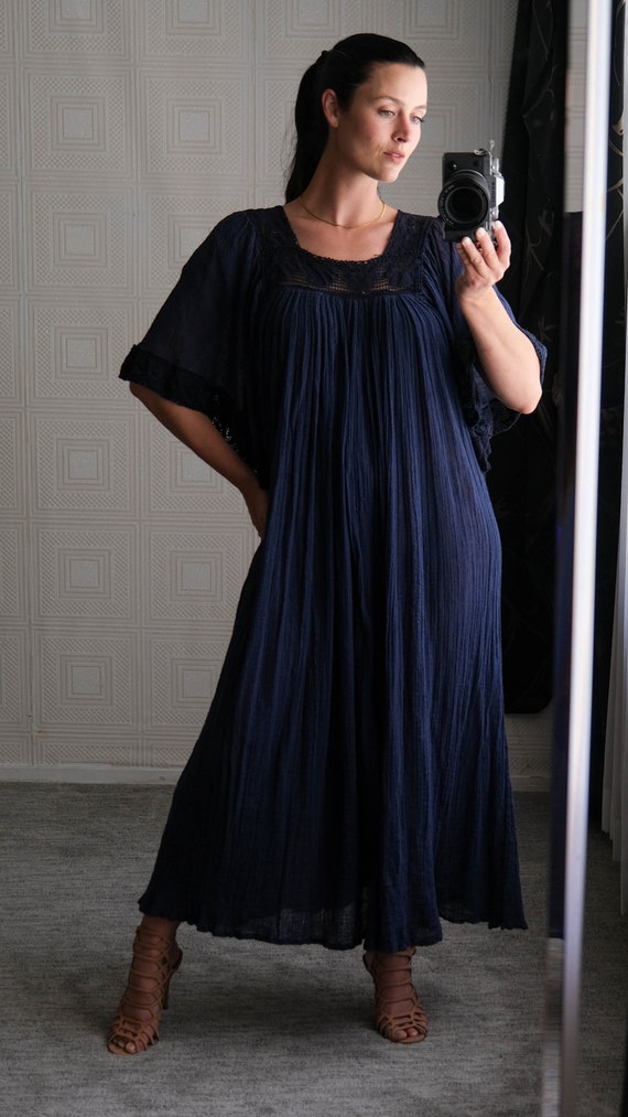 Vintage 70s Navy Blue Gauze Cotton Maxi Fairy Sle… - image 2