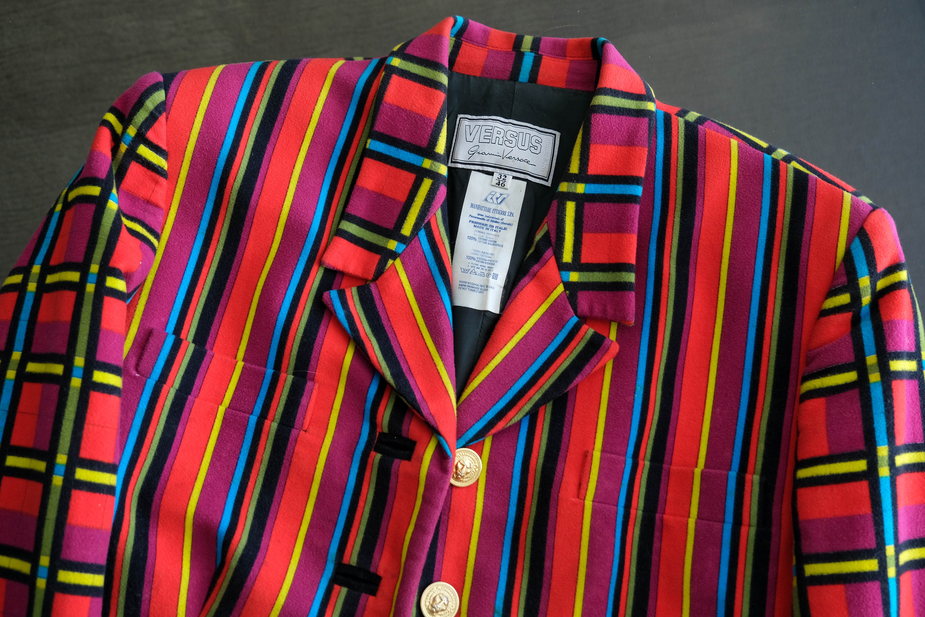 Vintage 90s Gianni Versace Versus Vibrant Stripe & Plaid Velvet Long Blazer W/ Gold Lion Bust Buttons Made in Italy 1990s Versace Jacket - Etsy Vintage 90s Gianni Versace Versus Vibrant Stripe & Plaid Velvet Long Blazer W/ Gold Lion Bust Buttons Made in Italy 1990s Versace Jacket - Etsy