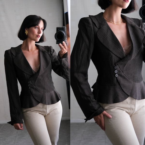 GIORGIO ARMANI Brown Copper & Black Check Ramie Sharkskin Scalloped Peplum Blazer | Made in Italy | Y2K 2000s ARMANI Designer Womens Jacket