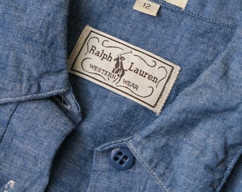Vintage 80s Ralph Lauren Western Wear Chambray Bib Pullover Shirt 