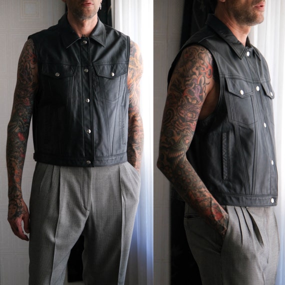 NORTHBOUND LEATHER Black Cowhide Four Pocket Trucker Jacket Vest | Made in Canada | 100% Genuine Leather | Designer Leather Mens Biker Vest