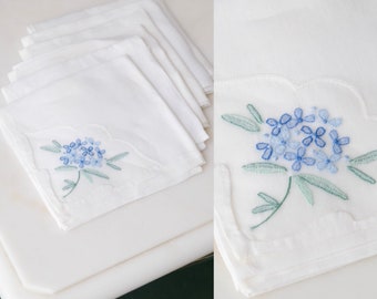 Vintage 40s Hand Made Handkerchief Set w/ Blue Floral Embroidery | Single Stitch | 1940s Designer Pocket Square, Scarf,  Handkerchief