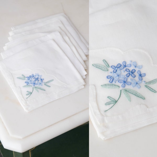 Vintage 40s Hand Made Handkerchief Set w/ Blue Floral Embroidery | Single Stitch | 1940s Designer Pocket Square, Scarf,  Handkerchief