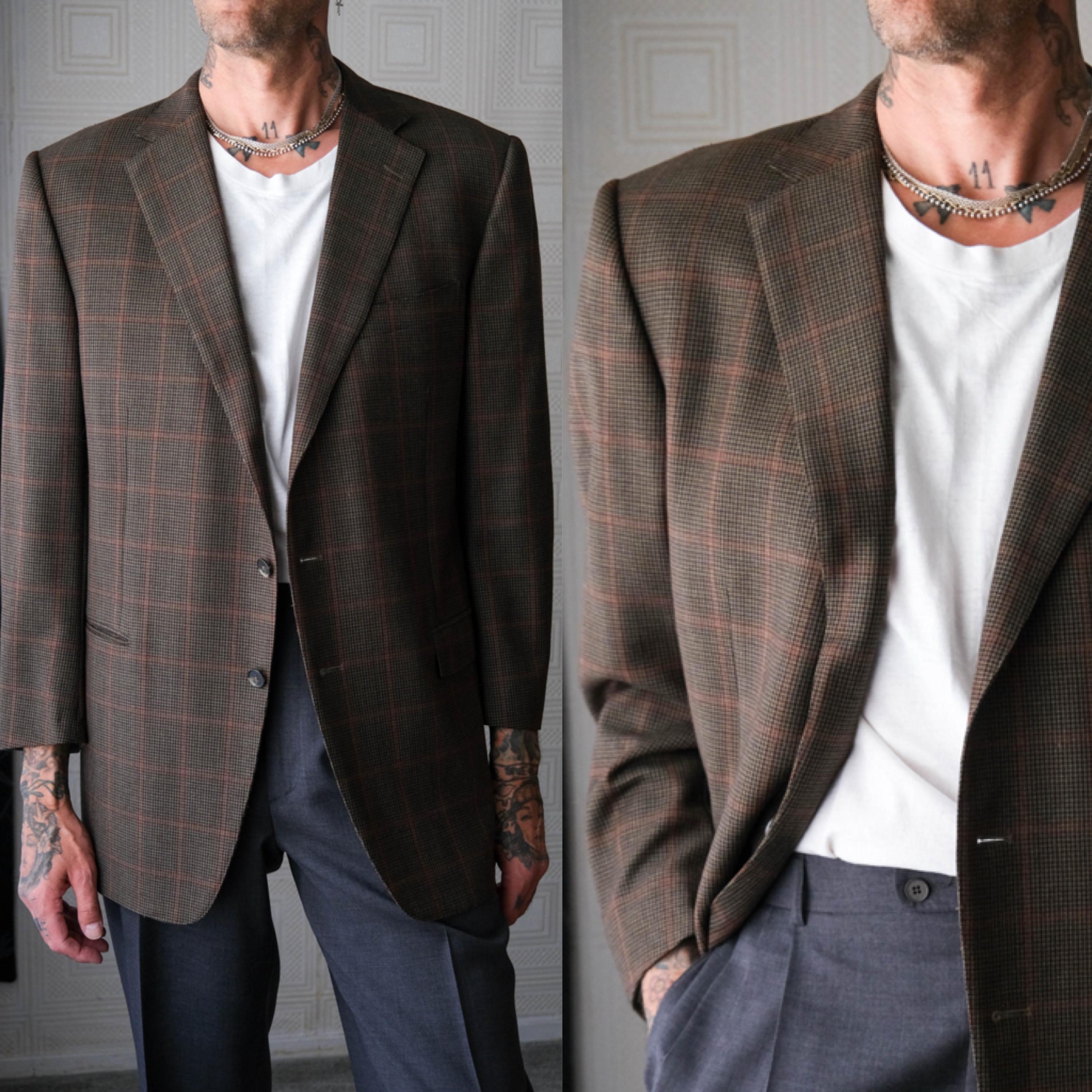 ERMENEGILDO ZEGNA Brown Earthtone & Brick Red Windowpane Plaid Three Button Blazer | Made in Italy | Size Italian 56 | Y2K Designer Jacket