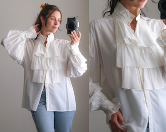 Vintage 80s INTERNATIONAL MALE Romantic Crisp White Poet Sleeve Blouse w/ Ruffle Tie Neck | Made in Hong Kong | 1980s Designer Blouse