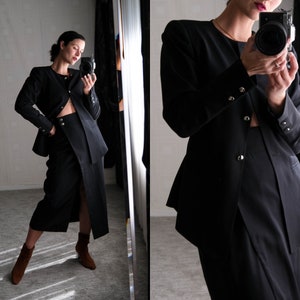 Vintage 90s Claude Montana Black Gabardine Power Blazer & High Waisted Skirt Suit w/ Buckle Back | Made in Italy | 1990s Designer Power Set