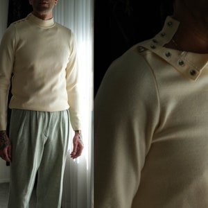 Vintage 80s THIERRY MUGLER Distressed Cream Mock Neck Sweater w/ Star Snap Asymmetrical Collar | Made in Italy | 1980s Designer Sweater